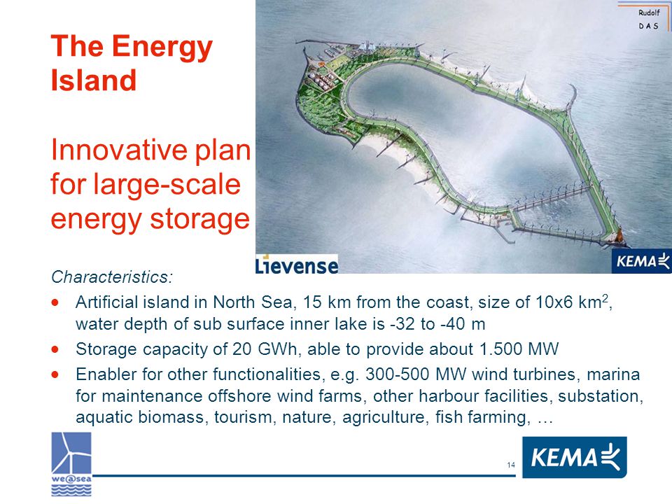 14 The Energy Island Innovative plan for large-scale energy storage Characteristics:  Artificial island in North Sea, 15 km from the coast, size of 10x6 km 2, water depth of sub surface inner lake is -32 to -40 m  Storage capacity of 20 GWh, able to provide about MW  Enabler for other functionalities, e.g.