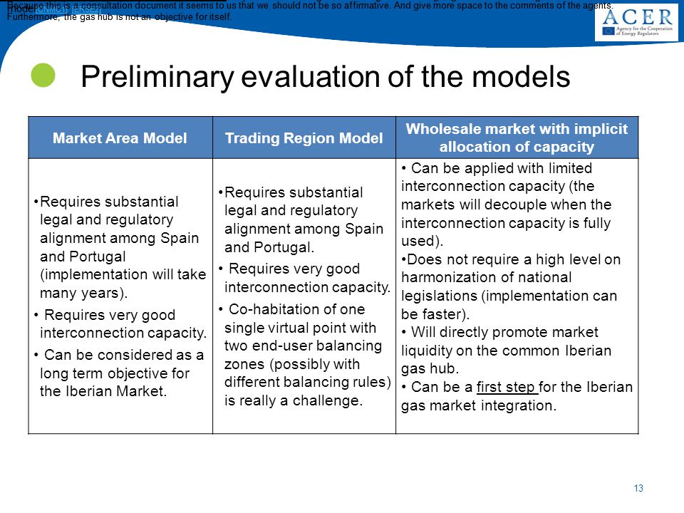 13 Preliminary evaluation of the models Market Area ModelTrading Region Model Wholesale market with implicit allocation of capacity Requires substantial legal and regulatory alignment among Spain and Portugal (implementation will take many years).