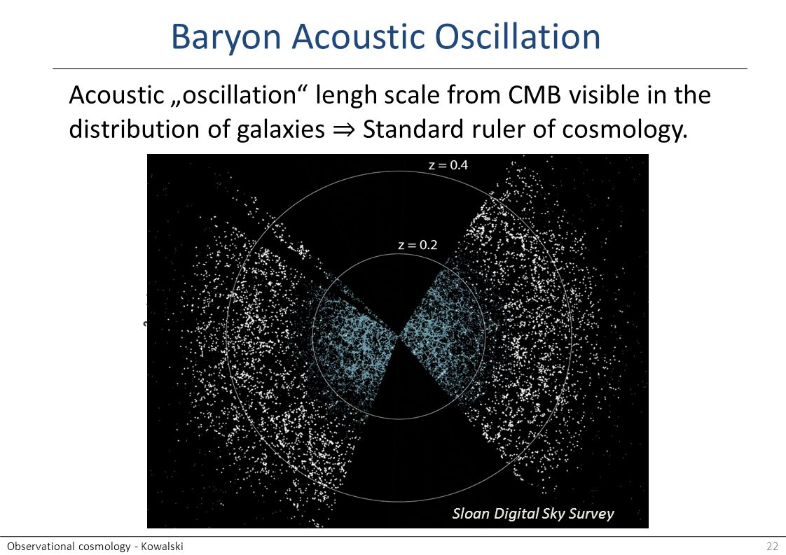 22Observational cosmology - Kowalski Acoustic „oscillation lengh scale from CMB visible in the distribution of galaxies ⇒ Standard ruler of cosmology.