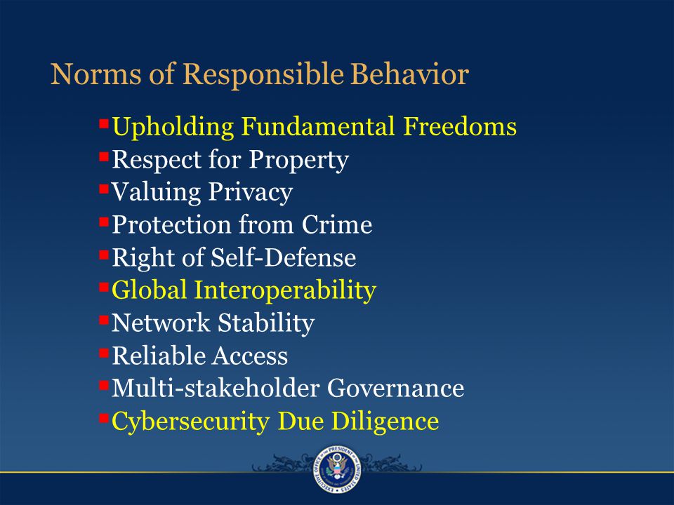  Upholding Fundamental Freedoms  Respect for Property  Valuing Privacy  Protection from Crime  Right of Self-Defense  Global Interoperability  Network Stability  Reliable Access  Multi-stakeholder Governance  Cybersecurity Due Diligence Norms of Responsible Behavior