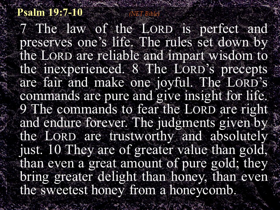Psalm 19:7-10 (NET Bible) 7 The law of the L ORD is perfect and preserves one’s life.
