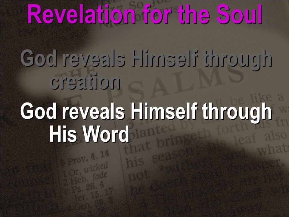 God reveals Himself through creation God reveals Himself through His Word God reveals Himself through creation God reveals Himself through His Word Revelation for the Soul