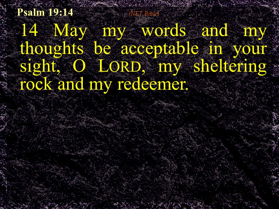 Psalm 19:14 (NET Bible) 14 May my words and my thoughts be acceptable in your sight, O L ORD, my sheltering rock and my redeemer.