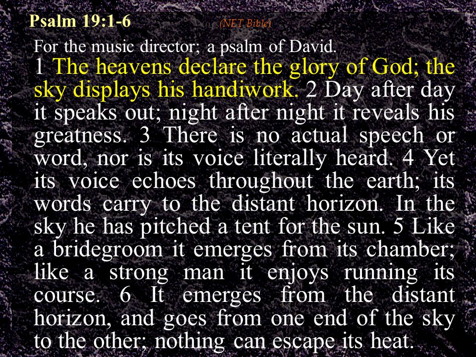 Psalm 19:1-6 (NET Bible) For the music director; a psalm of David.