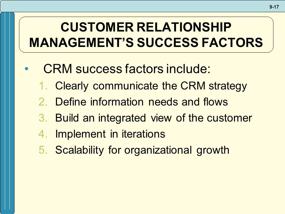 9-17 CUSTOMER RELATIONSHIP MANAGEMENT’S SUCCESS FACTORS CRM success factors include: 1.Clearly communicate the CRM strategy 2.Define information needs and flows 3.Build an integrated view of the customer 4.Implement in iterations 5.Scalability for organizational growth