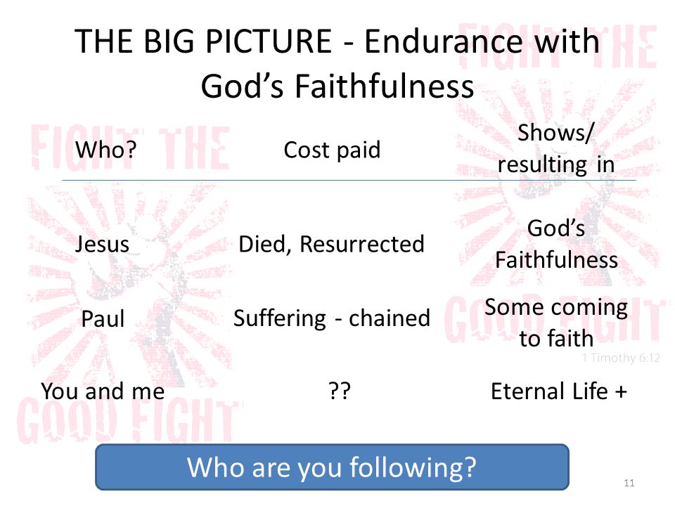 THE BIG PICTURE - Endurance with God’s Faithfulness 11 Jesus Paul You and me Cost paid Died, Resurrected God’s Faithfulness Suffering - chained Shows/ resulting in Some coming to faith Who.