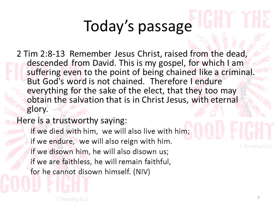 Today’s passage 2 Tim 2:8-13 Remember Jesus Christ, raised from the dead, descended from David.
