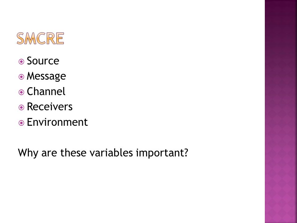 Source  Message  Channel  Receivers  Environment Why are these variables important