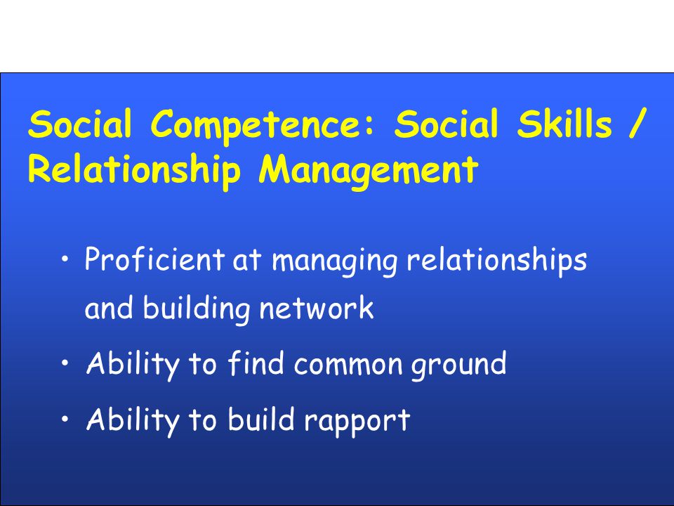 Social Competence: Social Skills / Relationship Management Proficient at managing relationships and building network Ability to find common ground Ability to build rapport