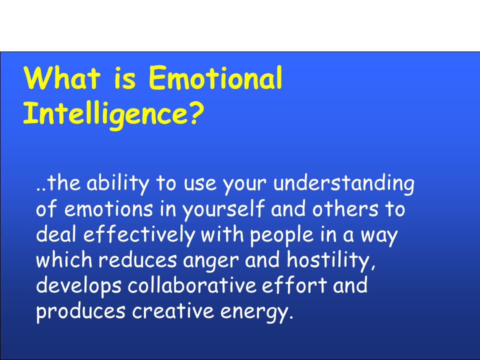 What is Emotional Intelligence ..the ability to use your understanding of emotions in yourself and others to deal effectively with people in a way which reduces anger and hostility, develops collaborative effort and produces creative energy.