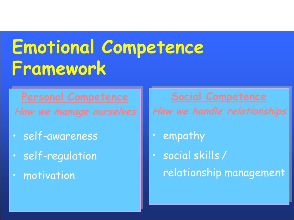 Emotional Competence Framework Personal Competence How we manage ourselves self-awareness self-regulation motivation Personal Competence How we manage ourselves self-awareness self-regulation motivation Social Competence How we handle relationships empathy social skills / relationship management Social Competence How we handle relationships empathy social skills / relationship management