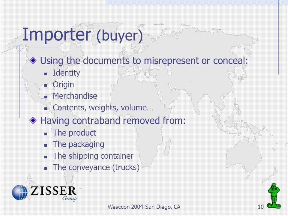 Wesccon 2004-San Diego, CA10 Importer (buyer) Using the documents to misrepresent or conceal: Identity Origin Merchandise Contents, weights, volume… Having contraband removed from: The product The packaging The shipping container The conveyance (trucks)