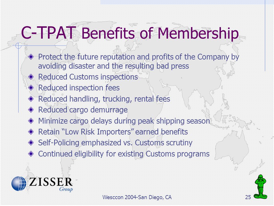 Wesccon 2004-San Diego, CA25 C-TPAT Benefits of Membership Protect the future reputation and profits of the Company by avoiding disaster and the resulting bad press Reduced Customs inspections Reduced inspection fees Reduced handling, trucking, rental fees Reduced cargo demurrage Minimize cargo delays during peak shipping season Retain Low Risk Importers earned benefits Self-Policing emphasized vs.