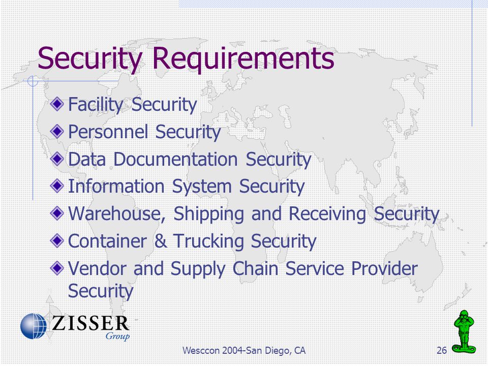 Wesccon 2004-San Diego, CA26 Security Requirements Facility Security Personnel Security Data Documentation Security Information System Security Warehouse, Shipping and Receiving Security Container & Trucking Security Vendor and Supply Chain Service Provider Security