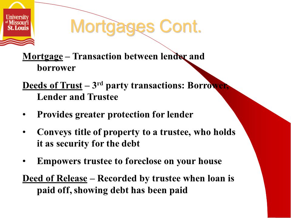 Mortgage – Transaction between lender and borrower Deeds of Trust – 3 rd party transactions: Borrower, Lender and Trustee Provides greater protection for lender Conveys title of property to a trustee, who holds it as security for the debt Empowers trustee to foreclose on your house Deed of Release – Recorded by trustee when loan is paid off, showing debt has been paid Mortgages Cont.