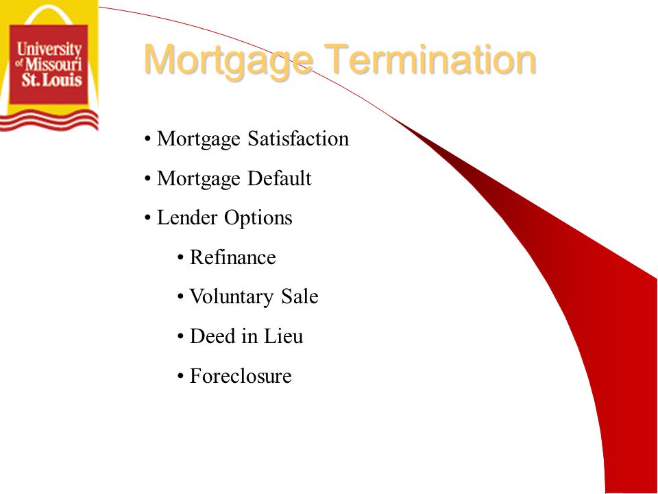 Mortgage Termination Mortgage Satisfaction Mortgage Default Lender Options Refinance Voluntary Sale Deed in Lieu Foreclosure
