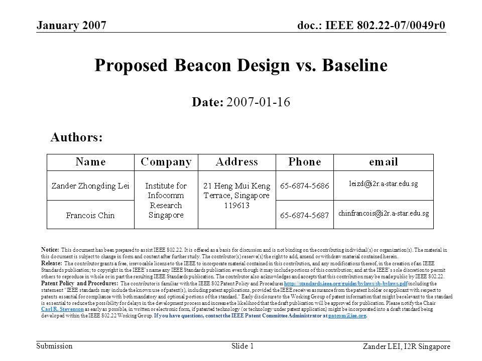doc.: IEEE /0049r0 Submission Zander LEI, I2R Singapore January 2007 Slide 1 Proposed Beacon Design vs.