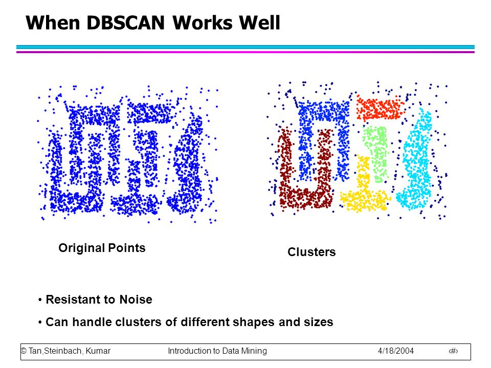 © Tan,Steinbach, Kumar Introduction to Data Mining 4/18/ When DBSCAN Works Well Original Points Clusters Resistant to Noise Can handle clusters of different shapes and sizes