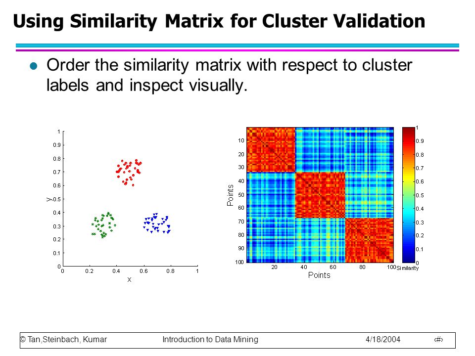 © Tan,Steinbach, Kumar Introduction to Data Mining 4/18/ l Order the similarity matrix with respect to cluster labels and inspect visually.