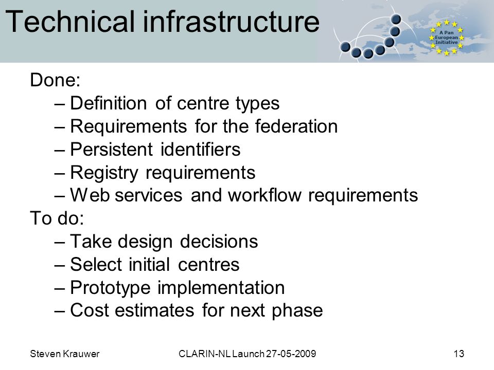 Steven KrauwerCLARIN-NL Launch Technical infrastructure Done: –Definition of centre types –Requirements for the federation –Persistent identifiers –Registry requirements –Web services and workflow requirements To do: –Take design decisions –Select initial centres –Prototype implementation –Cost estimates for next phase
