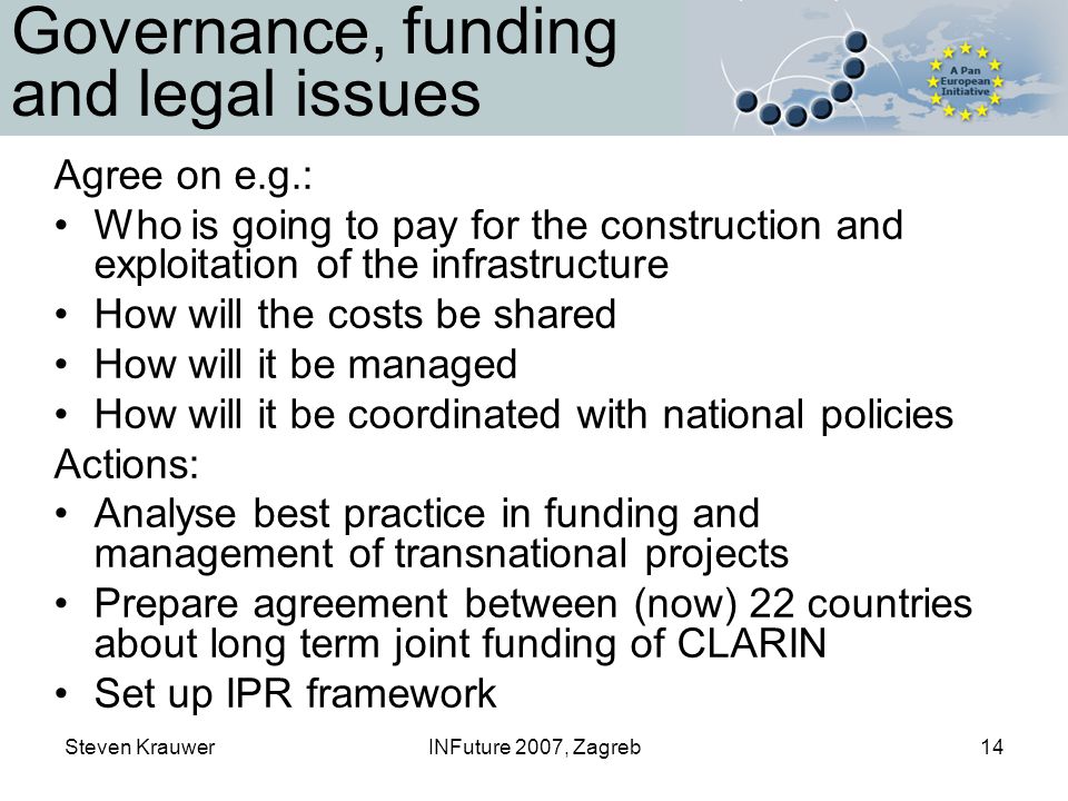 Steven KrauwerINFuture 2007, Zagreb14 Governance, funding and legal issues Agree on e.g.: Who is going to pay for the construction and exploitation of the infrastructure How will the costs be shared How will it be managed How will it be coordinated with national policies Actions: Analyse best practice in funding and management of transnational projects Prepare agreement between (now) 22 countries about long term joint funding of CLARIN Set up IPR framework
