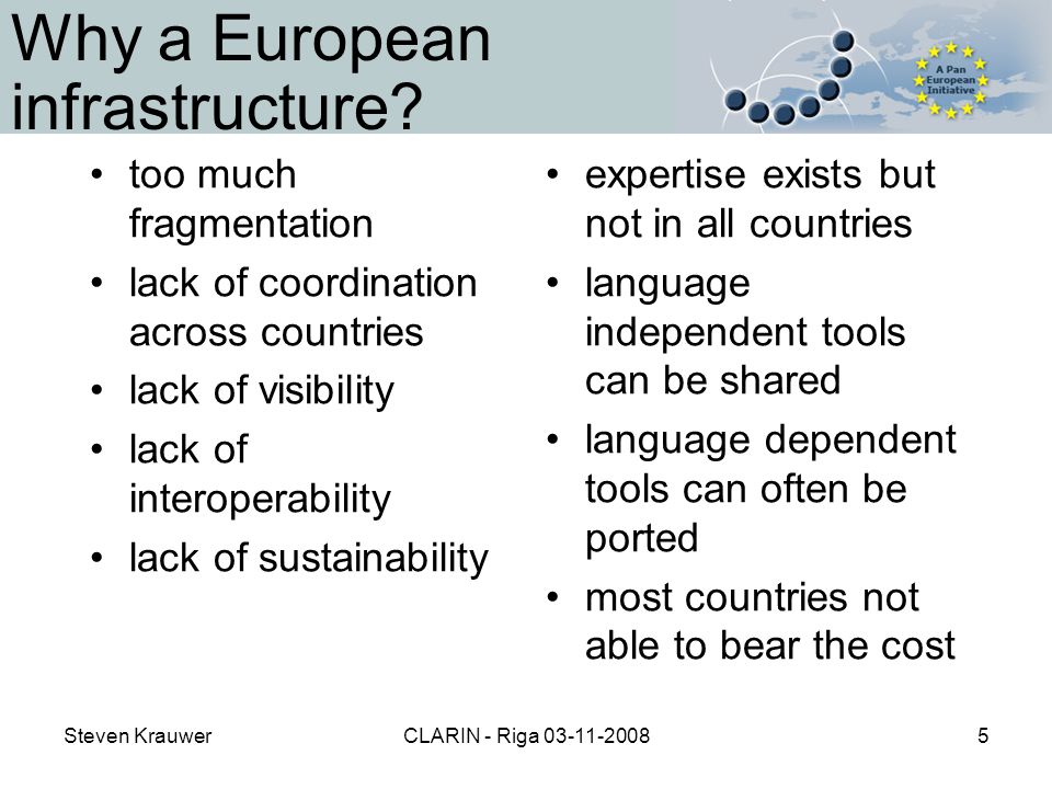 Steven KrauwerCLARIN - Riga Why a European infrastructure.