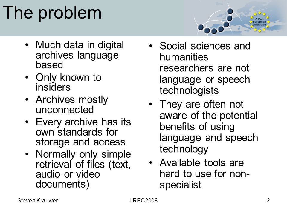Steven KrauwerLREC20082 The problem Much data in digital archives language based Only known to insiders Archives mostly unconnected Every archive has its own standards for storage and access Normally only simple retrieval of files (text, audio or video documents) Social sciences and humanities researchers are not language or speech technologists They are often not aware of the potential benefits of using language and speech technology Available tools are hard to use for non- specialist