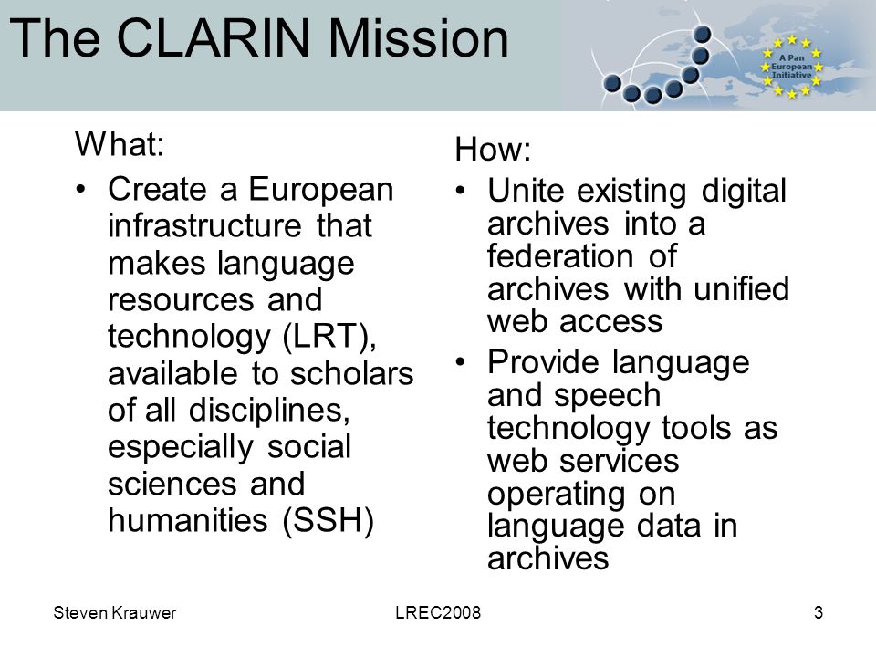 Steven KrauwerLREC20083 The CLARIN Mission What: Create a European infrastructure that makes language resources and technology (LRT), available to scholars of all disciplines, especially social sciences and humanities (SSH) How: Unite existing digital archives into a federation of archives with unified web access Provide language and speech technology tools as web services operating on language data in archives