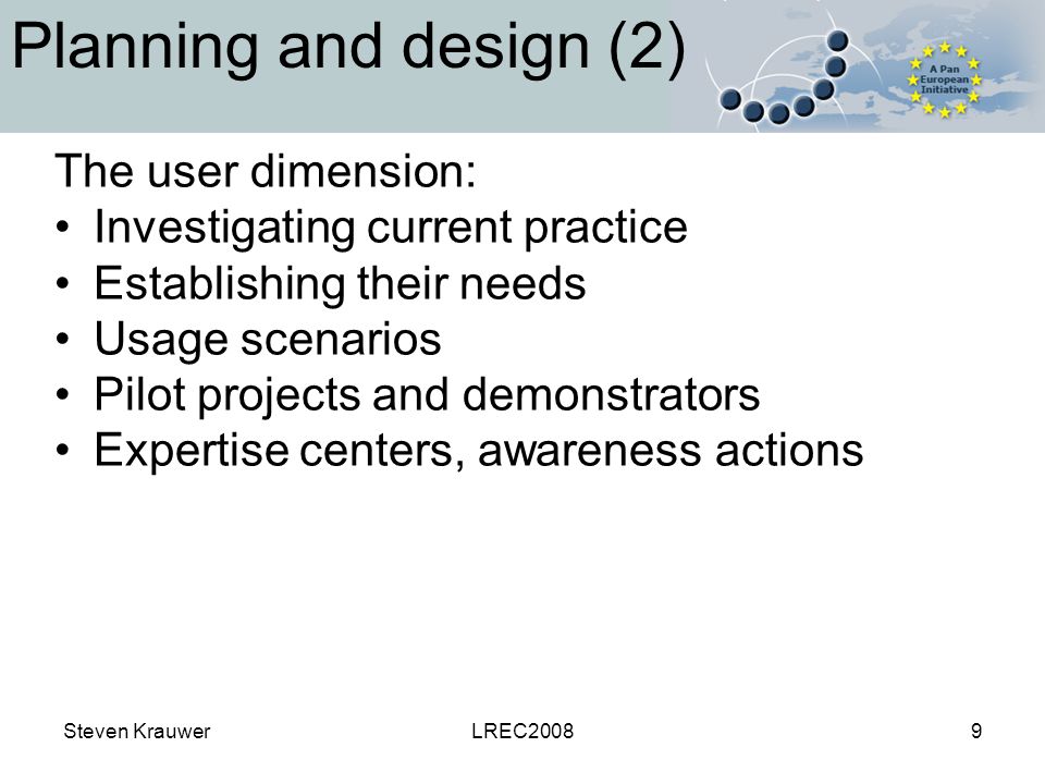 Steven KrauwerLREC20089 Planning and design (2) The user dimension: Investigating current practice Establishing their needs Usage scenarios Pilot projects and demonstrators Expertise centers, awareness actions