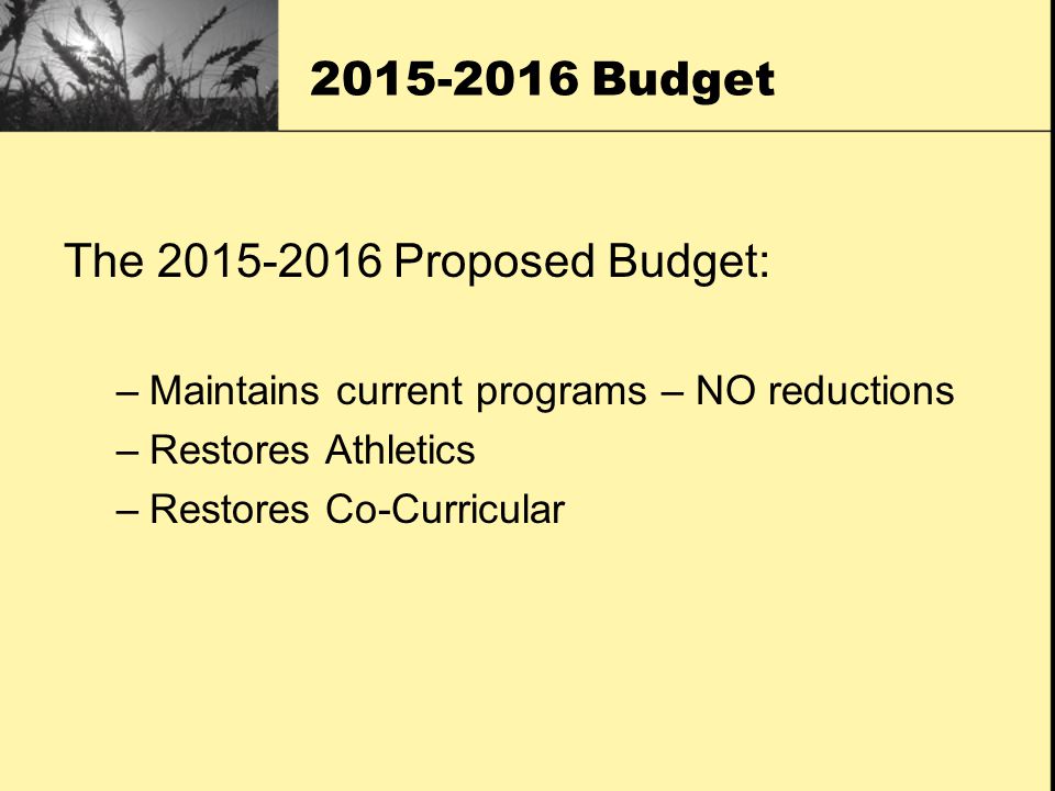 Budget The Proposed Budget: –Maintains current programs – NO reductions –Restores Athletics –Restores Co-Curricular