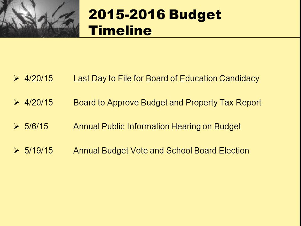 Budget Timeline  4/20/15Last Day to File for Board of Education Candidacy  4/20/15Board to Approve Budget and Property Tax Report  5/6/15Annual Public Information Hearing on Budget  5/19/15Annual Budget Vote and School Board Election