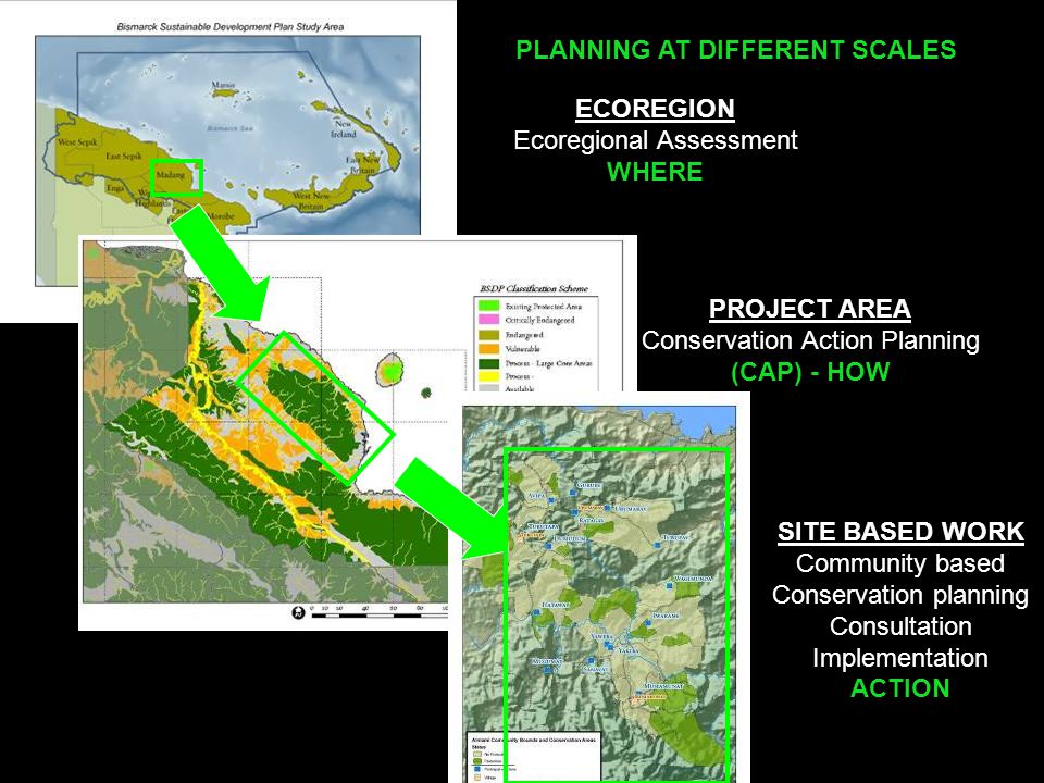 ECOREGION Ecoregional Assessment WHERE PROJECT AREA Conservation Action Planning (CAP) - HOW SITE BASED WORK Community based Conservation planning Consultation Implementation ACTION PLANNING AT DIFFERENT SCALES