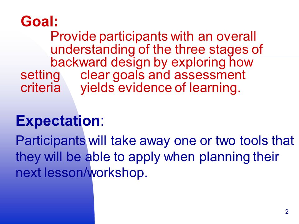Goal: Provide participants with an overall understanding of the three stages of backward design by exploring how setting clear goals and assessment criteria yields evidence of learning.