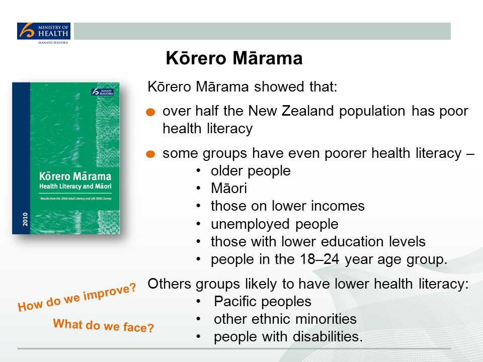 Kōrero Mārama Kōrero Mārama showed that: over half the New Zealand population has poor health literacy some groups have even poorer health literacy – older people Māori those on lower incomes unemployed people those with lower education levels people in the 18–24 year age group.