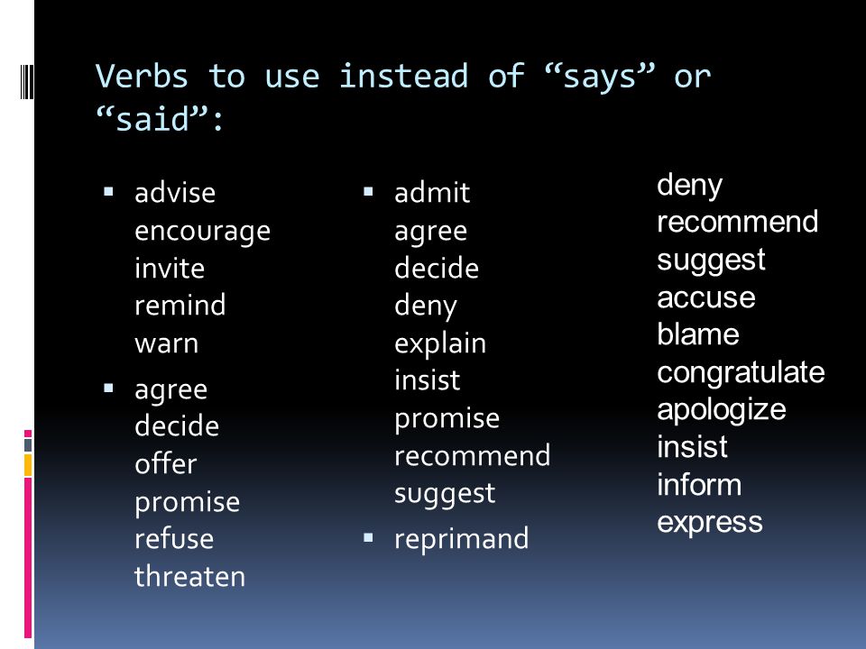 Verbs to use instead of says or said :  advise encourage invite remind warn  agree decide offer promise refuse threaten  admit agree decide deny explain insist promise recommend suggest  reprimand deny recommend suggest accuse blame congratulate apologize insist inform express