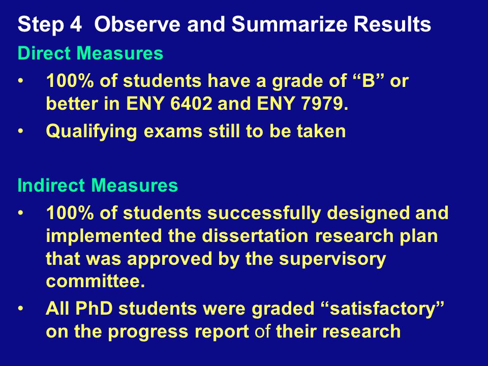 Step 4 Observe and Summarize Results Direct Measures 100% of students have a grade of B or better in ENY 6402 and ENY 7979.