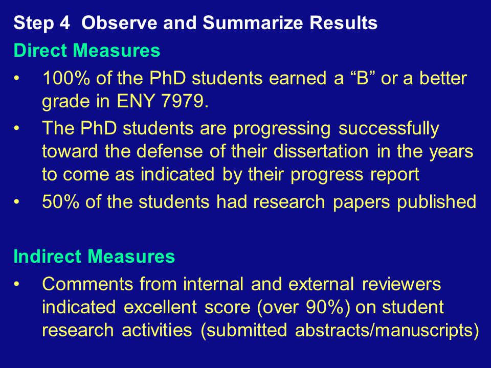 Step 4 Observe and Summarize Results Direct Measures 100% of the PhD students earned a B or a better grade in ENY 7979.