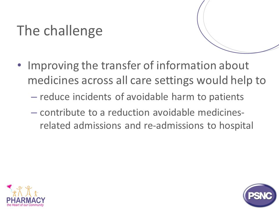 The challenge Improving the transfer of information about medicines across all care settings would help to – reduce incidents of avoidable harm to patients – contribute to a reduction avoidable medicines- related admissions and re-admissions to hospital