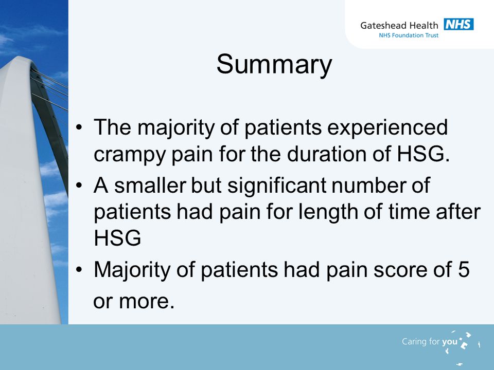 Summary The majority of patients experienced crampy pain for the duration of HSG.