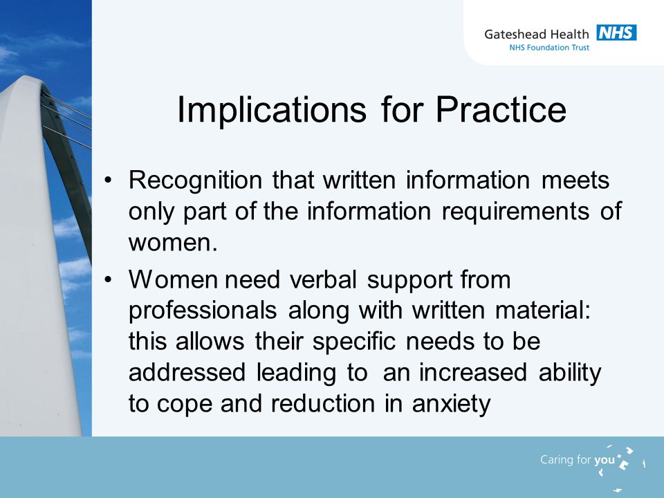 Implications for Practice Recognition that written information meets only part of the information requirements of women.