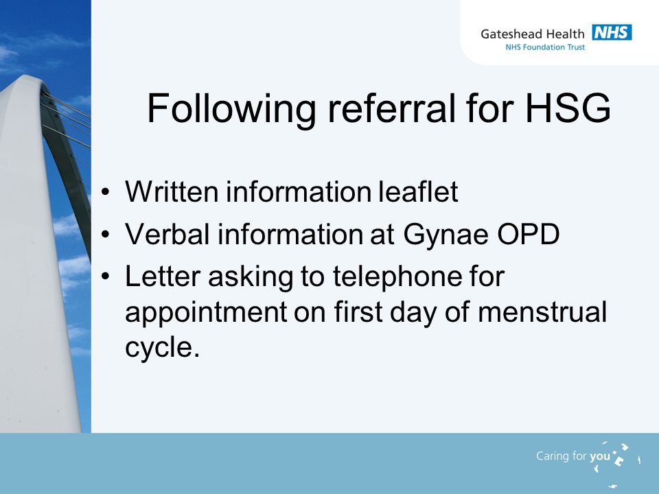 Following referral for HSG Written information leaflet Verbal information at Gynae OPD Letter asking to telephone for appointment on first day of menstrual cycle.
