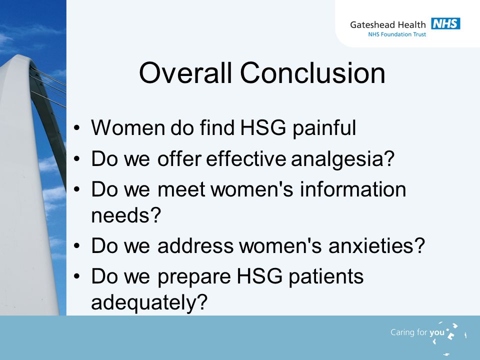 Overall Conclusion Women do find HSG painful Do we offer effective analgesia.