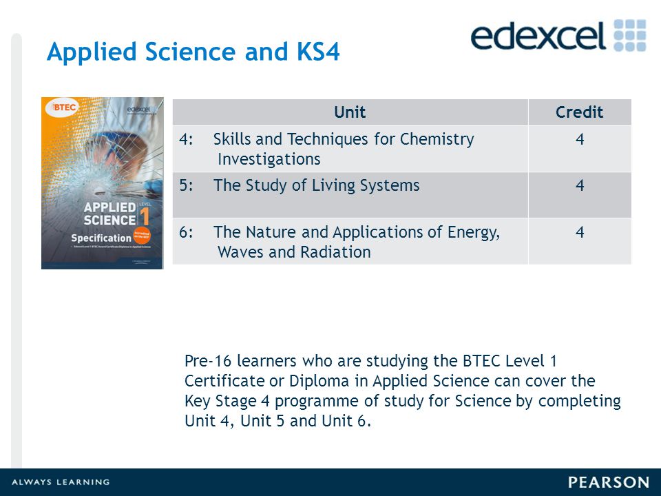 Applied Science and KS4 UnitCredit 4: Skills and Techniques for Chemistry Investigations 4 5: The Study of Living Systems4 6: The Nature and Applications of Energy, Waves and Radiation 4 Pre-16 learners who are studying the BTEC Level 1 Certificate or Diploma in Applied Science can cover the Key Stage 4 programme of study for Science by completing Unit 4, Unit 5 and Unit 6.