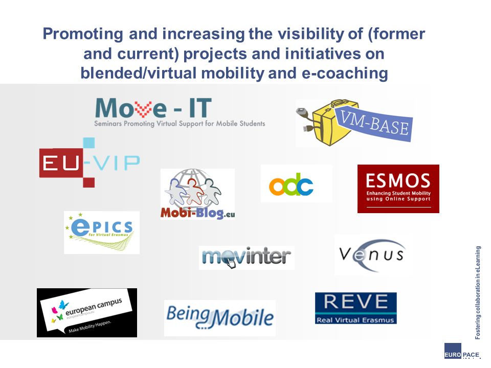 Promoting and increasing the visibility of (former and current) projects and initiatives on blended/virtual mobility and e-coaching