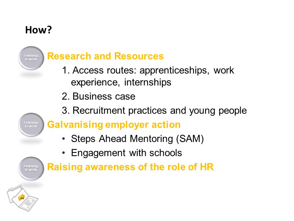 How. Research and Resources 1. Access routes: apprenticeships, work experience, internships 2.