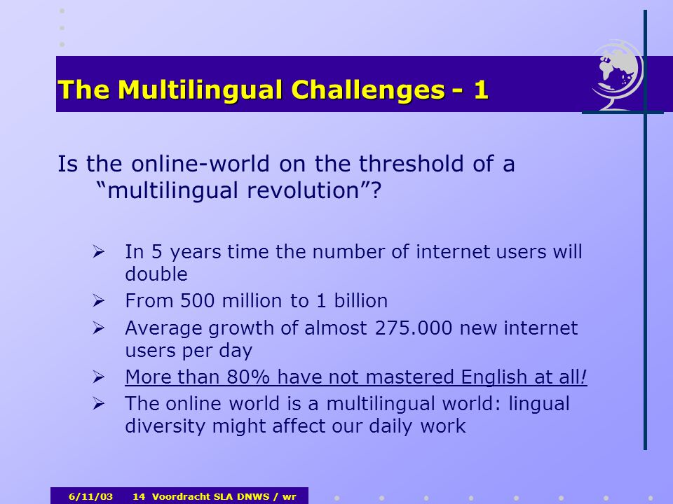 6/11/03Voordracht SLA DNWS / wr14 The Multilingual Challenges - 1 Is the online-world on the threshold of a multilingual revolution .