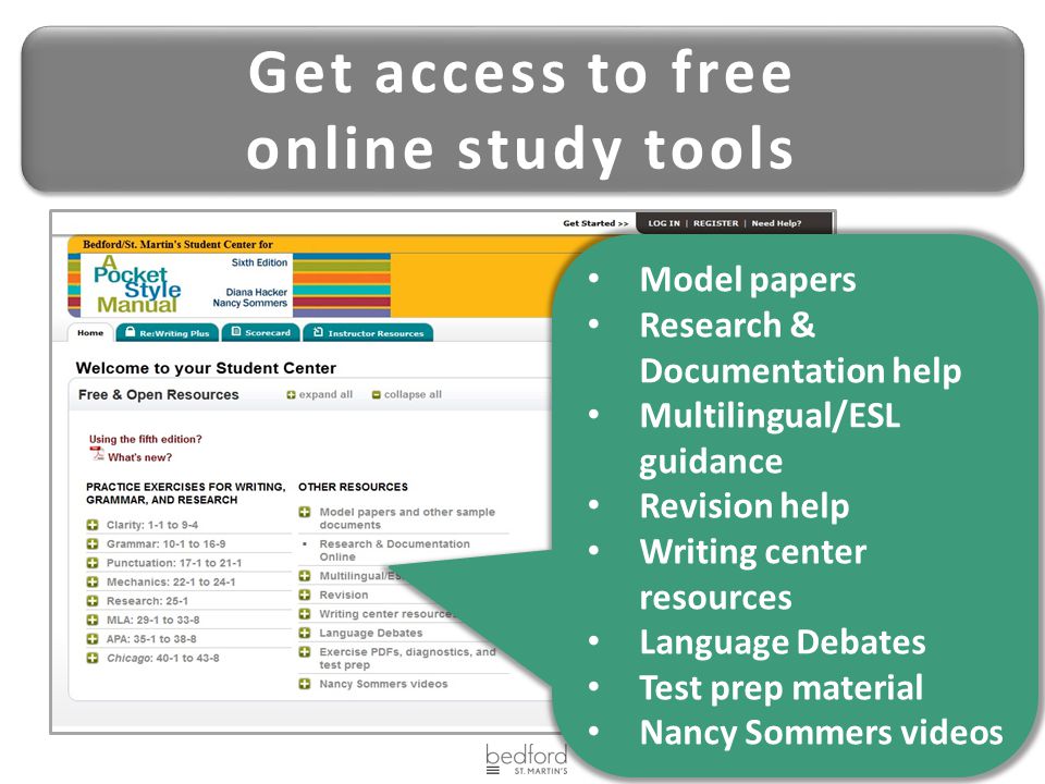Get access to free online study tools Get access to free online study tools Model papers Research & Documentation help Multilingual/ESL guidance Revision help Writing center resources Language Debates Test prep material Nancy Sommers videos