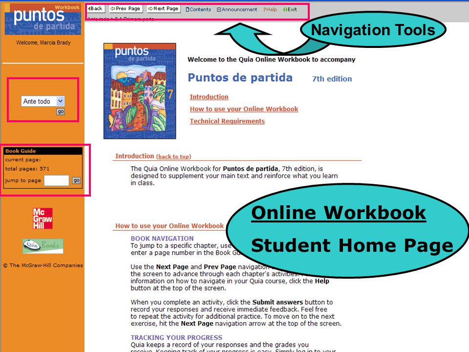 Online Workbook Student Home Page Navigation Tools