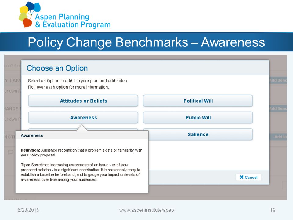 Policy Change Benchmarks – Awareness 5/23/2015www.aspeninstitute/apep19