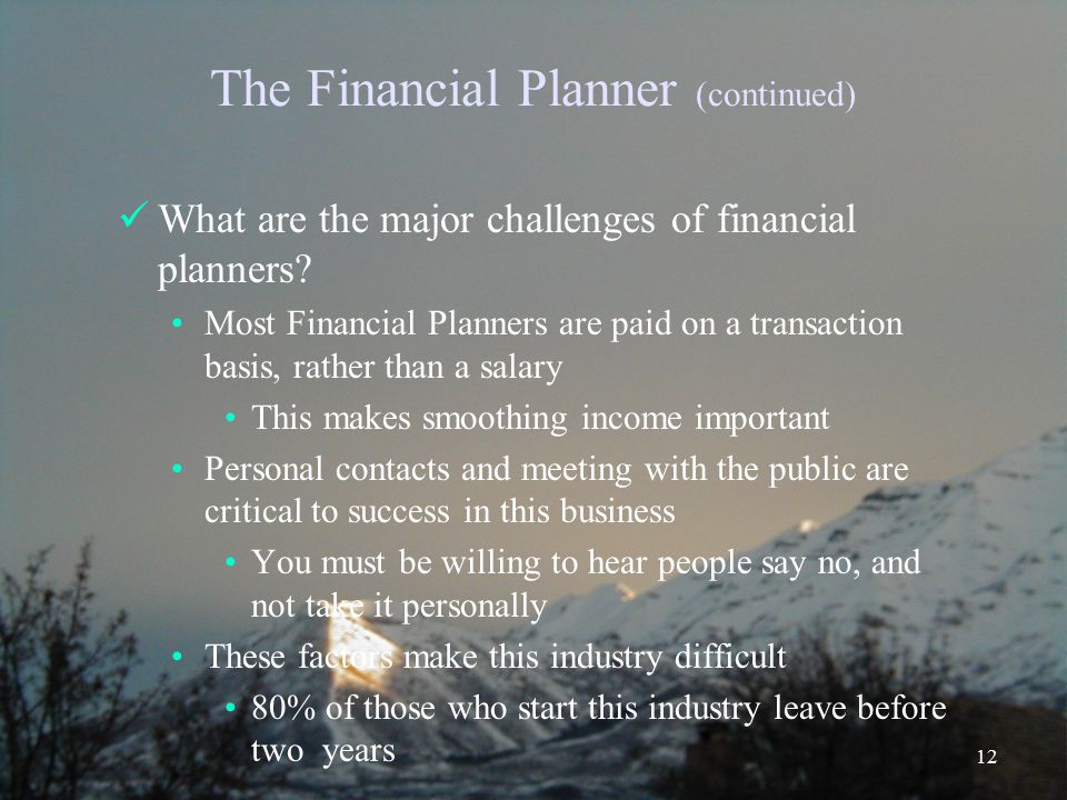 12 The Financial Planner (continued) What are the major challenges of financial planners.